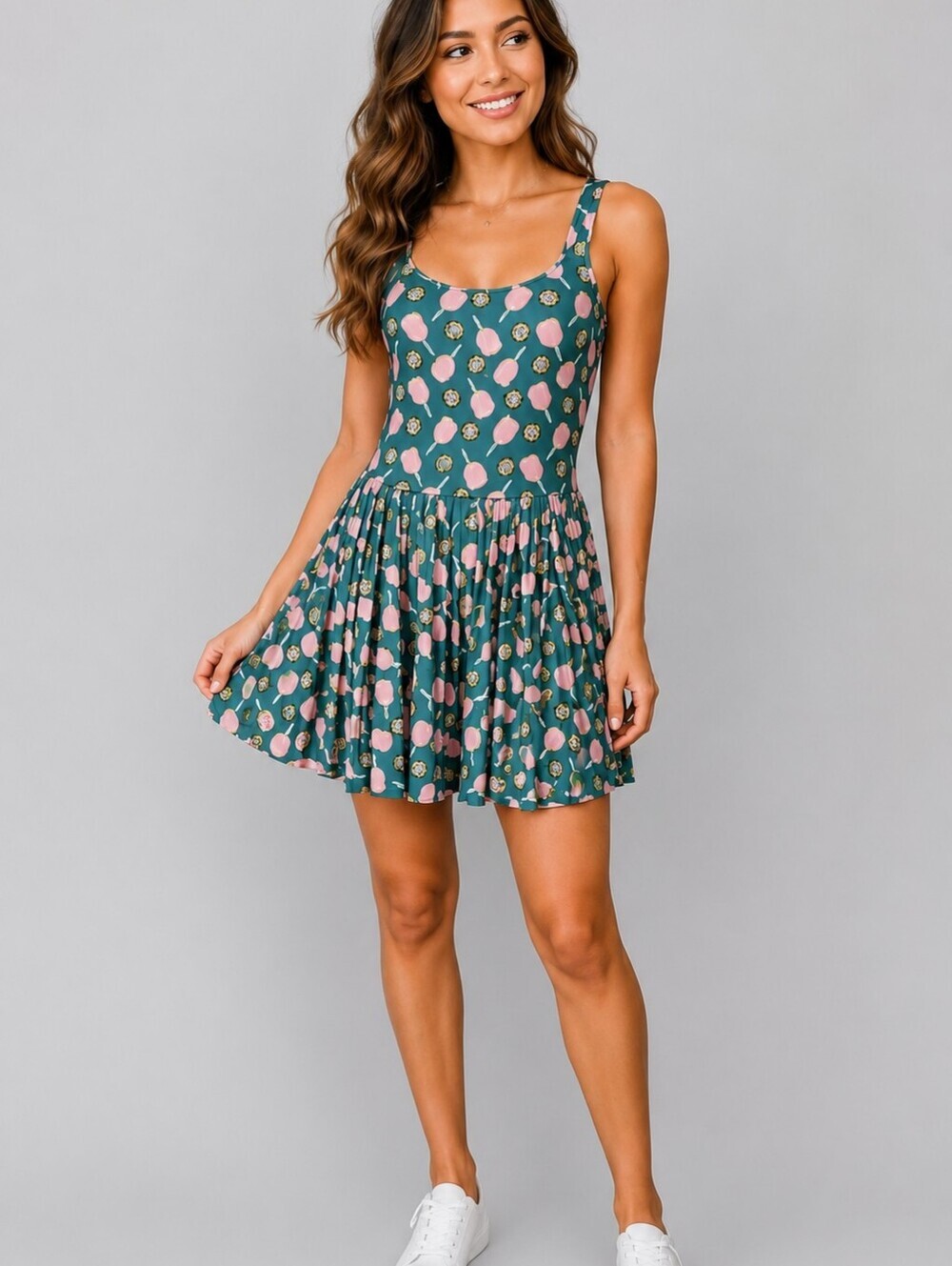 PEACH LOVE Teal Pleated Tank Pickleball Romper Skirt